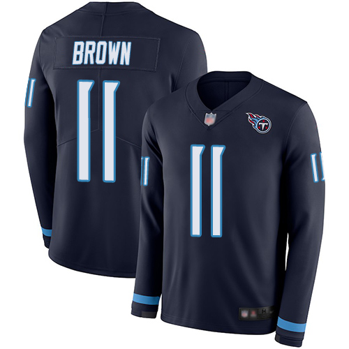 Nike Titans #11 A.J. Brown Navy Blue Team Color Youth Stitched NFL Limited Therma Long Sleeve Jersey Nike Titans #11 A.J. Brown Navy Blue Team Color Youth Stitched NFL Limited Therma Long Sleeve Jersey