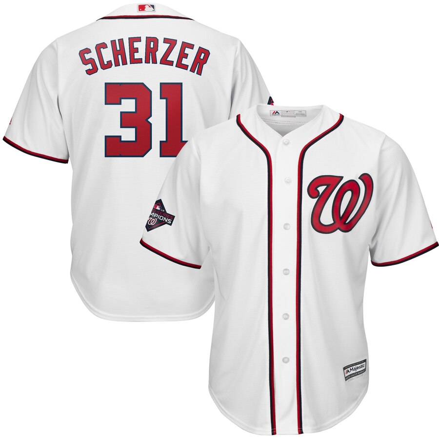 Washington Nationals #31 Max Scherzer Majestic Youth 2019 World Series Champions Home Player Jersey White Washington Nationals #31 Max Scherzer Majestic Youth 2019 World Series Champions Home Player Jersey White