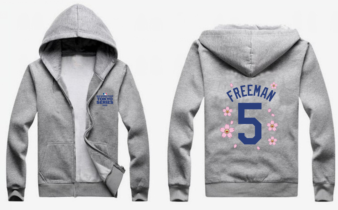 Men's Los Angeles Dodgers #5 Freddie Freeman Gray 2025 Tokyo Series Full-Zip Hoodie