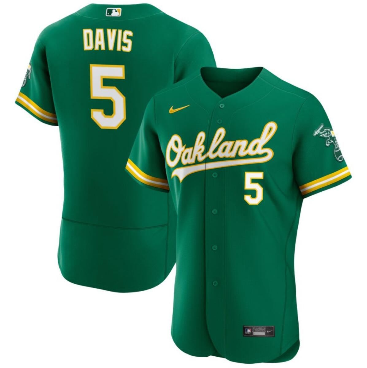 Men's Oakland Athletics #5 J.D. Davis Green Flex Base Stitched Jersey Men's Oakland Athletics #5 J.D. Davis Green Flex Base Stitched Jersey