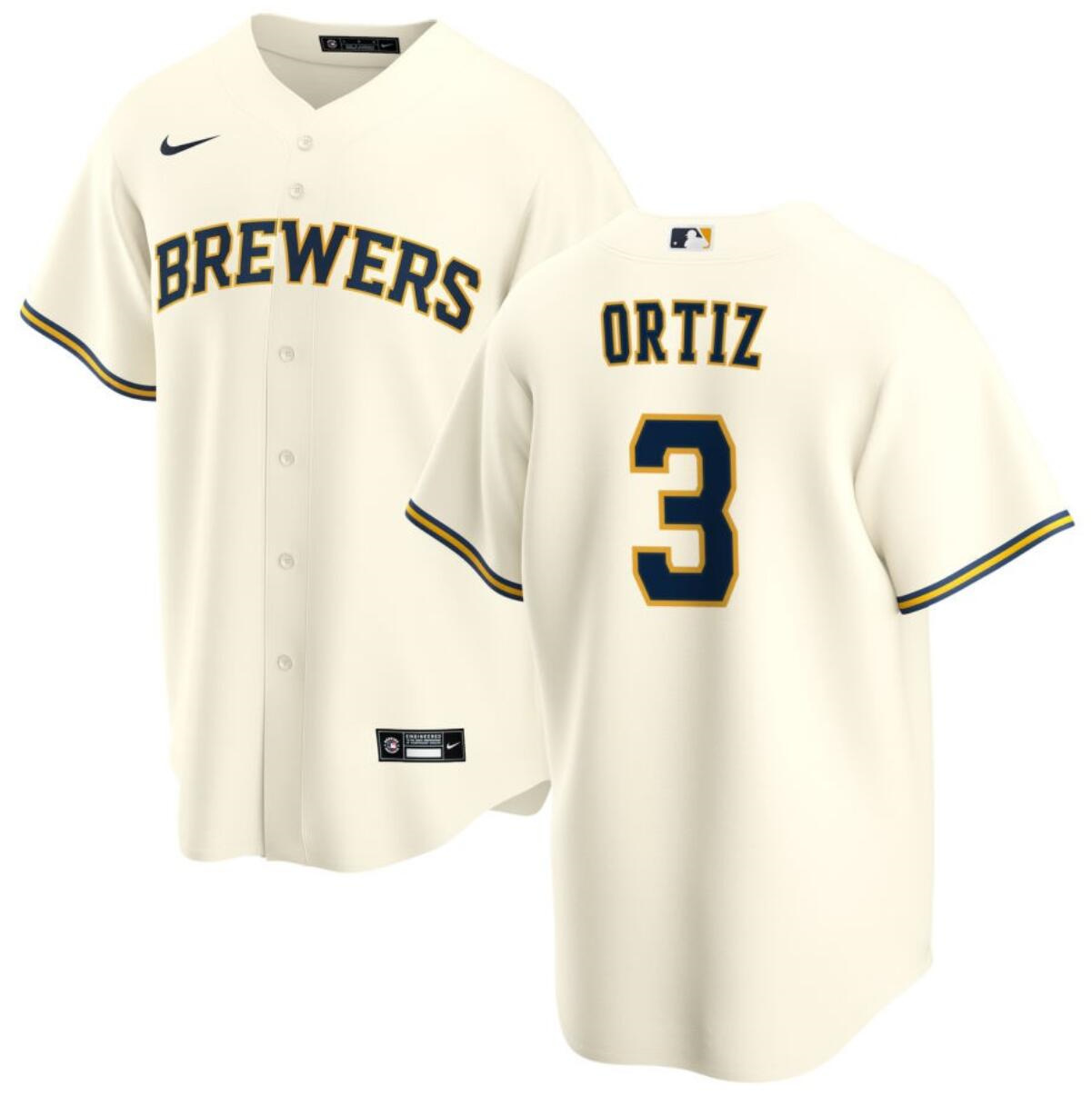 Men's Milwaukee Brewers #3 Joey Ortiz Cream Cool Base Stitched Baseball Jersey Men's Milwaukee Brewers #3 Joey Ortiz Cream Cool Base Stitched Baseball Jersey