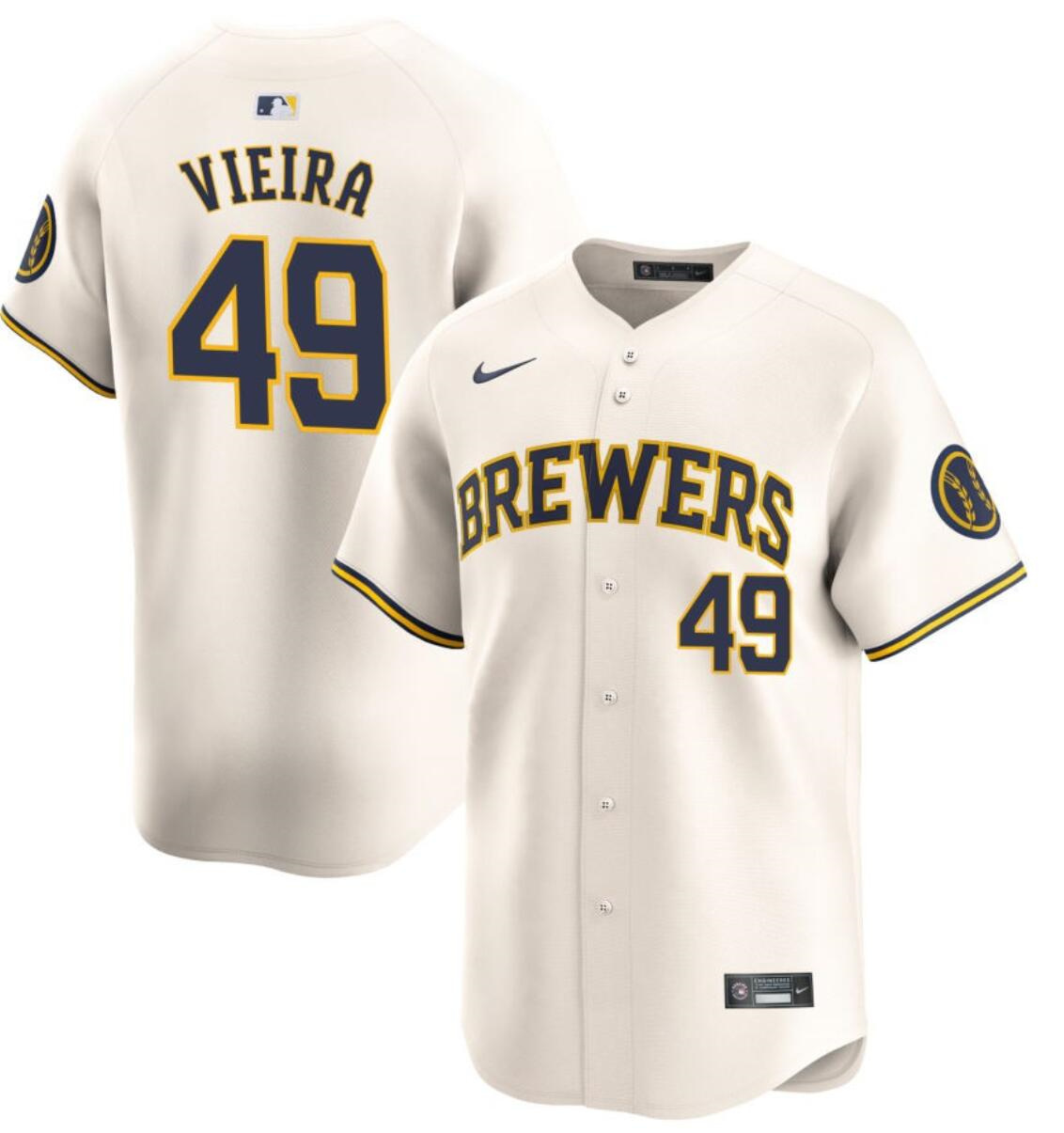 Men's Milwaukee Brewers #49 Thyago Vieira Cream Home Limited Stitched Baseball Jersey Men's Milwaukee Brewers #49 Thyago Vieira Cream Home Limited Stitched Baseball Jersey