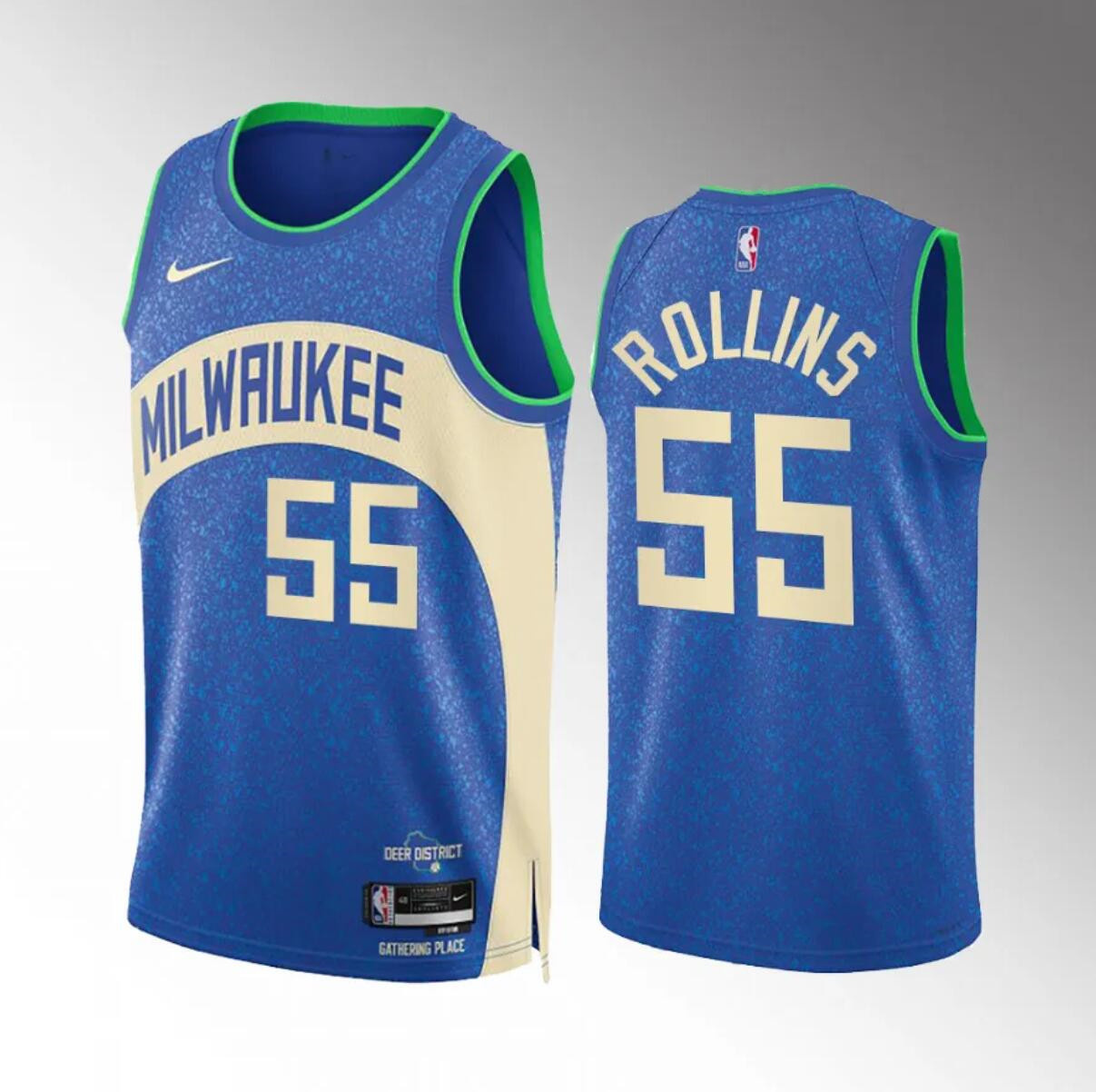 Men's Milwaukee Bucks #55 Ryan Rollins 2023/24 Blue City Edition Stitched Basketball Jersey Men's Milwaukee Bucks #55 Ryan Rollins 2023/24 Blue City Edition Stitched Basketball Jersey