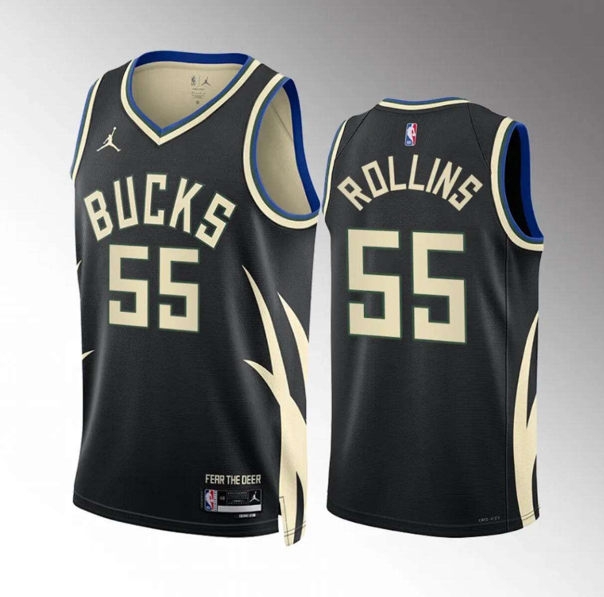 Men's Milwaukee Bucks #55 Ryan Rollins Black Statement Edition Stitched Basketball Jersey Men's Milwaukee Bucks #55 Ryan Rollins Black Statement Edition Stitched Basketball Jersey