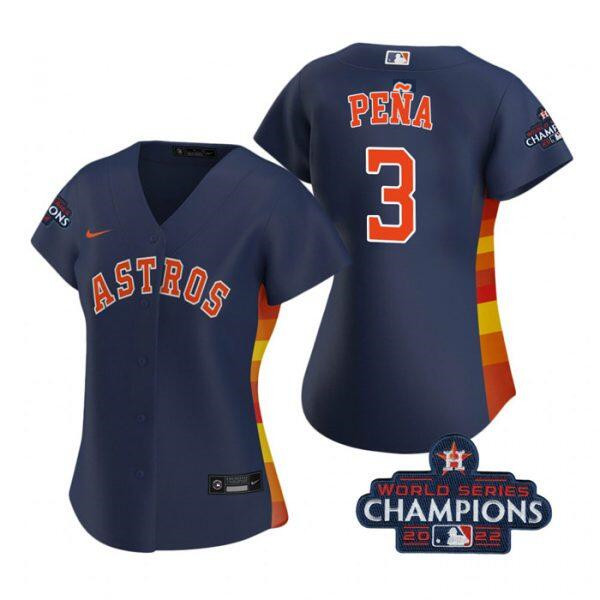 Women's Houston Astros #3 Jeremy Peña Navy 2022 World Series Champions Stitched Baseball Jersey(Run Small) Women's Houston Astros #3 Jeremy Peña Navy 2022 World Series Champions Stitched Baseball Jersey(Run Small)