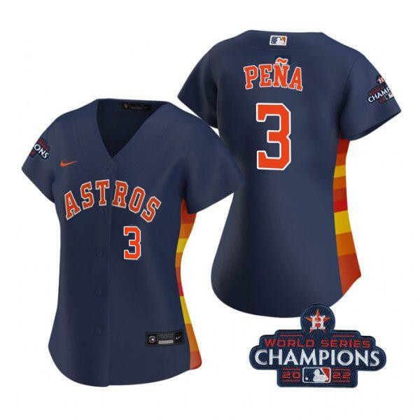 Women's Houston Astros #3 Jeremy Peña Navy 2022 World Series Champions With No. in Front Stitched Baseball Jersey(Run Small) Women's Houston Astros #3 Jeremy Peña Navy 2022 World Series Champions With No. in Front Stitched Baseball Jersey(Run Small)