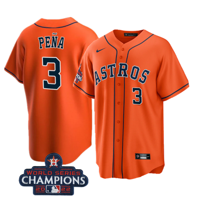 Youth Houston Astros #3 Jeremy Peña Orange 2022 World Series Champions With NO. In Front Stitched Baseball Jersey Youth Houston Astros #3 Jeremy Peña Orange 2022 World Series Champions With NO. In Front Stitched Baseball Jersey