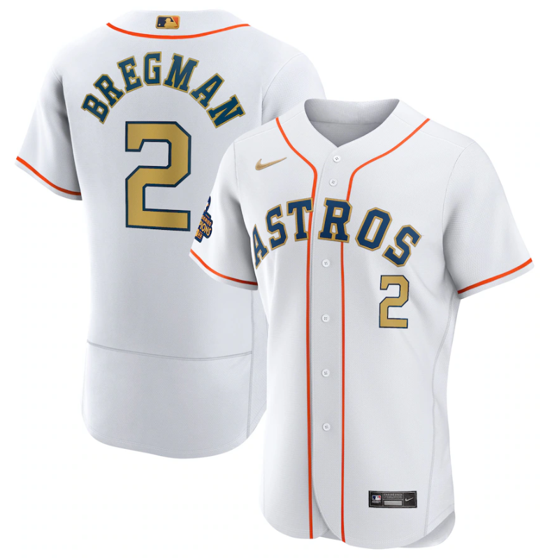 Men's Houston Astros #2 Alex Bregman White 2023 Gold Collection With World Serise Champions Patch Stitched Baseball Jersey Men's Houston Astros #2 Alex Bregman White 2023 Gold Collection With World Serise Champions Patch Stitched Baseball Jersey