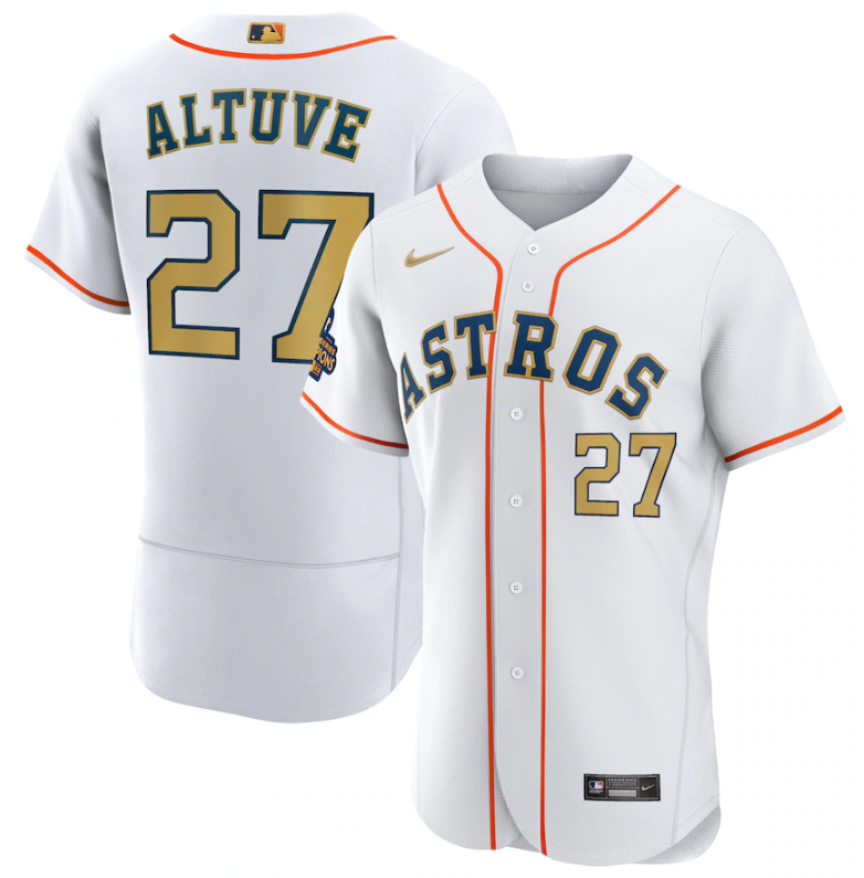 Men's Houston Astros #27 Jose Altuve White 2023 Gold Collection With World Serise Champions Patch Stitched Baseball Jersey Men's Houston Astros #27 Jose Altuve White 2023 Gold Collection With World Serise Champions Patch Stitched Baseball Jersey