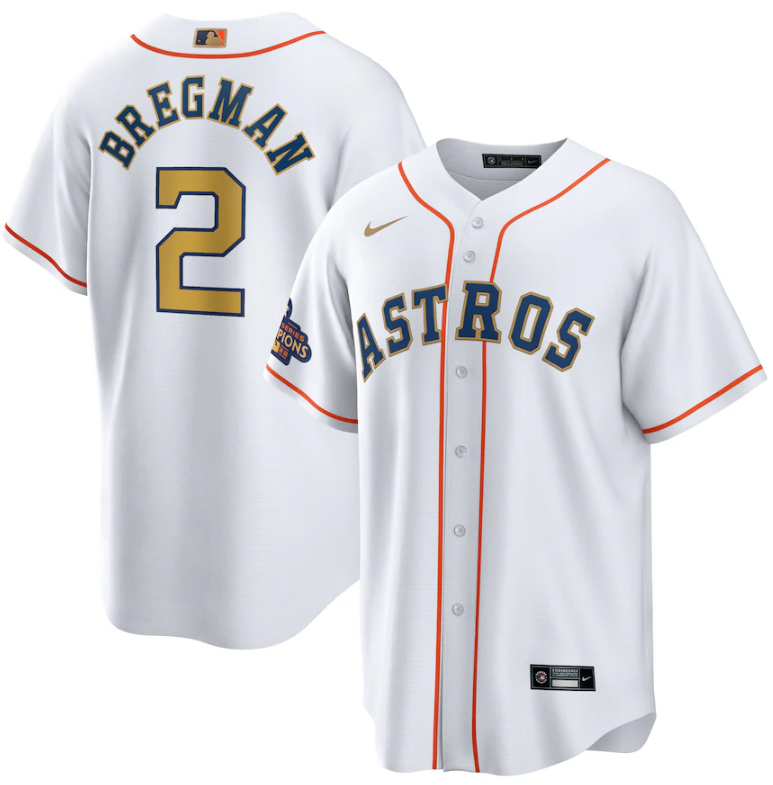 Men's Houston Astros #2 Alex Bregman White 2023 Gold Collection With World Serise Champions Patch Cool Base Stitched Baseball Jersey Men's Houston Astros #2 Alex Bregman White 2023 Gold Collection With World Serise Champions Patch Cool Base Stitched Baseball Jersey