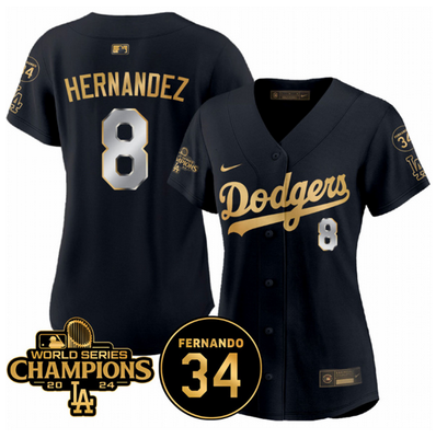 Women's Los Angeles Dodgers Custom Black/Gold 2024 World Series Champions & Fernando Memorial Patch Limited Stitched Baseball Jersey(Run Small)