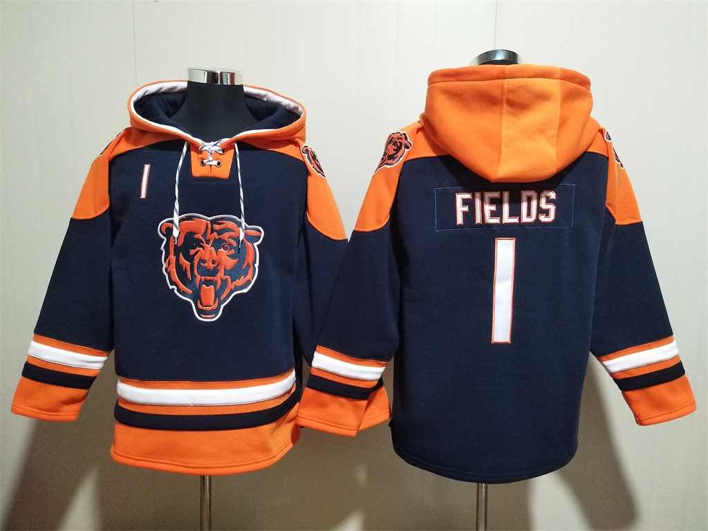 Men's Chicago Bears #1 Justin Fields Navy Ageless Must-Have Lace-Up Pullover Hoodie Men's Chicago Bears #1 Justin Fields Navy Ageless Must-Have Lace-Up Pullover Hoodie