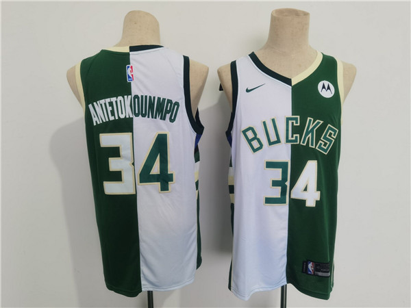 Men's Milwaukee Bucks #34 Giannis Antetokounmpo Green/White Split Stitched Basketball Jersey Men's Milwaukee Bucks #34 Giannis Antetokounmpo Green/White Split Stitched Basketball Jersey