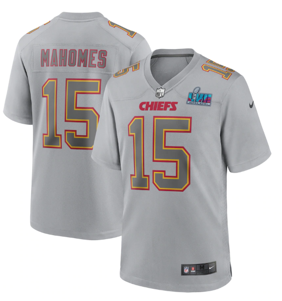 Women's Kansas City Chiefs #15 Patrick Mahomes Grey Super Bowl LVII Patch Atmosphere Fashion Stitched Game Jersey(Run Small) Women's Kansas City Chiefs #15 Patrick Mahomes Grey Super Bowl LVII Patch Atmosphere Fashion Stitched Game Jersey(Run Small)