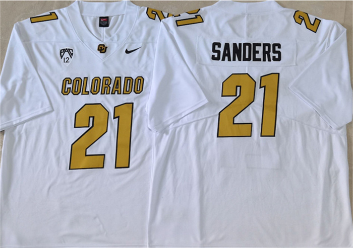 Men's Colorado Buffaloes #21 Shilo Sanders White 2023 With PAC-12 Patch Stitched Football Jersey Men's Colorado Buffaloes #21 Shilo Sanders White 2023 With PAC-12 Patch Stitched Football Jersey