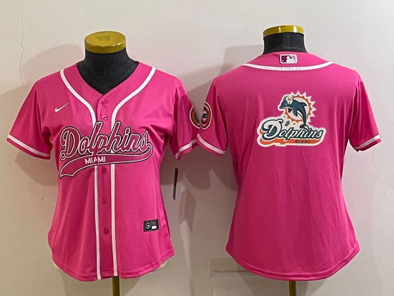 Women's Miami Dolphins Pink Team Big Logo With Patch Cool Base Stitched Baseball Jersey(Run Small) Women's Miami Dolphins Pink Team Big Logo With Patch Cool Base Stitched Baseball Jersey(Run Small)