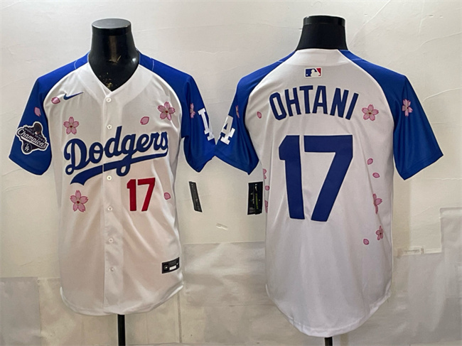 Men's Los Angeles Dodgers #17 Shohei Ohtani White/Royal 2025 World Series Champions Patch Tokyo Series Limited Stitched Baseball Jersey