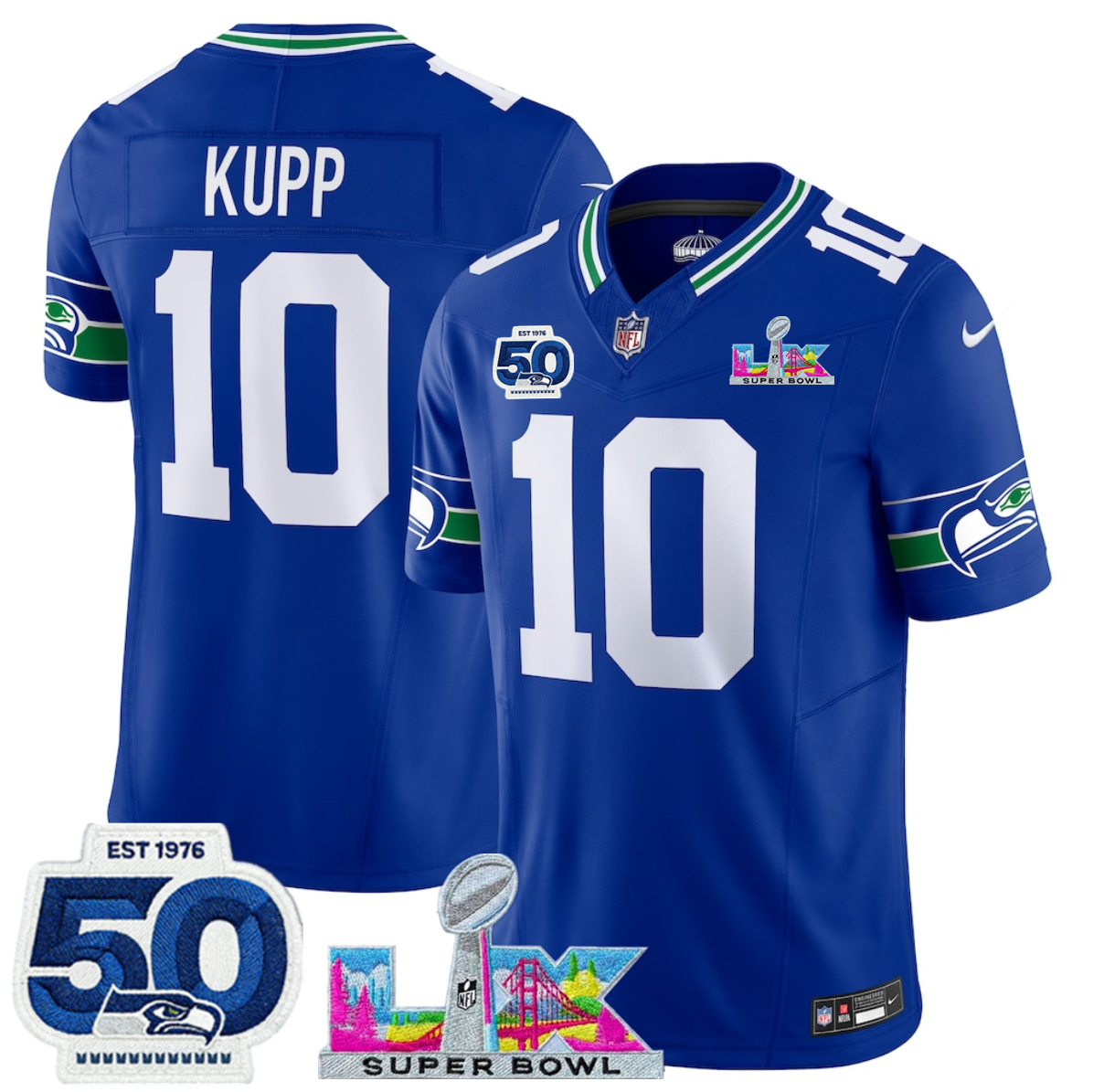 Women's Seattle Seahawks #10 Cooper Kupp Royal 2025 F.U.S.E. Super Bowl LX Patch And 50th Season Patch Vapor Throwback Limited Stitched Football Jersey(Run Small) Women's Seattle Seahawks #10 Cooper Kupp Royal 2025 F.U.S.E. Super Bowl LX Patch And 50th Season Patch Vapor Throwback Limited Stitched Football Jersey(Run Small)
