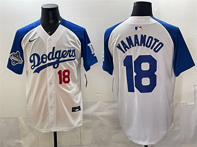 Men's Los Angeles Dodgers #18 Yoshinobu Yamamoto White/Royal 2025 World Series Champions Patch Limited Stitched Baseball Jersey