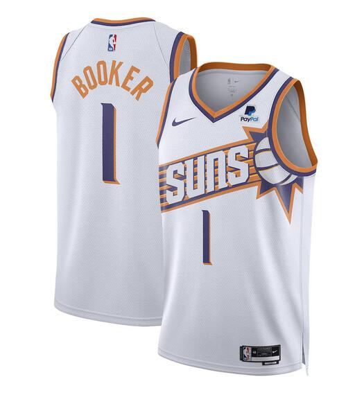 Men's Phoenix Suns #1 Devin Booker White 2023 Association Edition Stitched Basketball Jersey Men's Phoenix Suns #1 Devin Booker White 2023 Association Edition Stitched Basketball Jersey