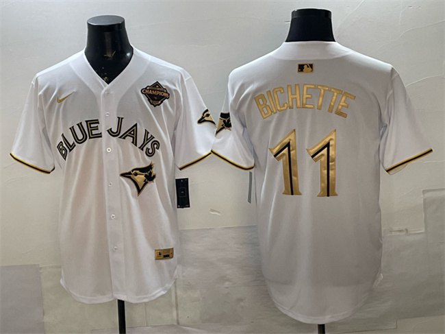 Men's Toronto Blue Jays #11 Bo Bichette White Gold 2025 American League Champions Limited Stitched Baseball Jersey Men's Toronto Blue Jays #11 Bo Bichette White Gold 2025 American League Champions Limited Stitched Baseball Jersey