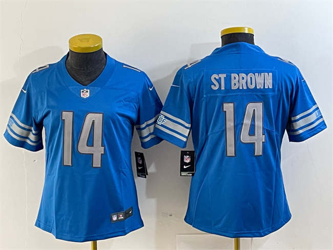 Women's Detroit Lions #14 Amon-Ra St. Brown Blue Vapor Limited Stitched Football Jersey(Run Smaller) Women's Detroit Lions #14 Amon-Ra St. Brown Blue Vapor Limited Stitched Football Jersey(Run Smaller)