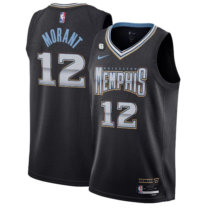 Men's Memphis Grizzlies #12 Ja Morant Black 2022/23 City Edition With NO.6 Patch Stitched Basketball Jersey Men's Memphis Grizzlies #12 Ja Morant Black 2022/23 City Edition With NO.6 Patch Stitched Basketball Jersey