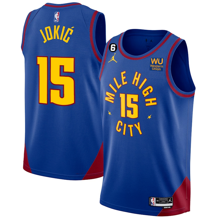 Men's Denver Nuggets #15 Nikola Jokic Blue 2022/23 Statement Edition With NO.6 Patch Stitched Jersey Men's Denver Nuggets #15 Nikola Jokic Blue 2022/23 Statement Edition With NO.6 Patch Stitched Jersey