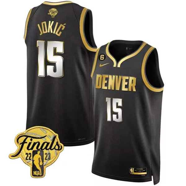 Men's Denver Nuggets #15 Nikola Jokic Black Gold Edition 2023 Finals Collection With NO.6 Patch Stitched Basketball Jersey Men's Denver Nuggets #15 Nikola Jokic Black Gold Edition 2023 Finals Collection With NO.6 Patch Stitched Basketball Jersey