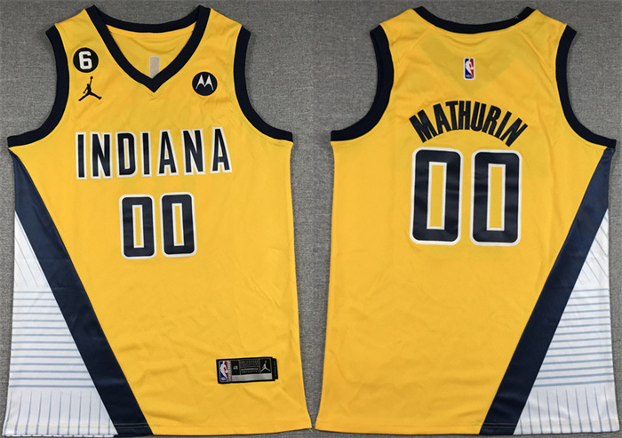 Men's Indiana Pacers #00 Bennedict Mathurin Yellow With NO.6 Patch Stitched Basketball Jersey Men's Indiana Pacers #00 Bennedict Mathurin Yellow With NO.6 Patch Stitched Basketball Jersey
