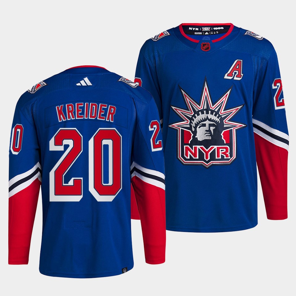 Men's New York Rangers #20 Chris Kreider Blue 2022 Reverse Retro Stitched Jersey Men's New York Rangers #20 Chris Kreider Blue 2022 Reverse Retro Stitched Jersey