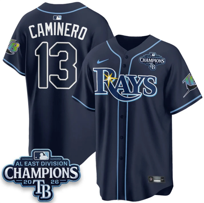 Men's Tampa Bay Rays #13 Junior Caminero Navy 2026 AL East Champions Patch Limited Stitched Baseball Jersey