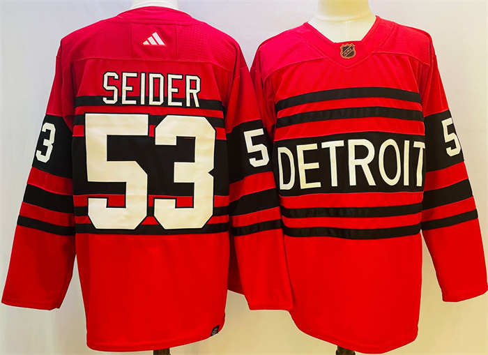 Men's Detroit Red Wings #53 Moritz Seider Red 2022/23 Reverse Retro Stitched Jersey Men's Detroit Red Wings #53 Moritz Seider Red 2022/23 Reverse Retro Stitched Jersey