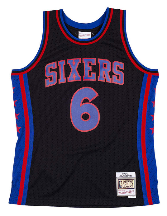 Men's Philadelphia 76ers #6 Julius Erving 1976-77 Black Mitchell & Ness Swingman Stitched Jersey Men's Philadelphia 76ers #6 Julius Erving 1976-77 Black Mitchell & Ness Swingman Stitched Jersey