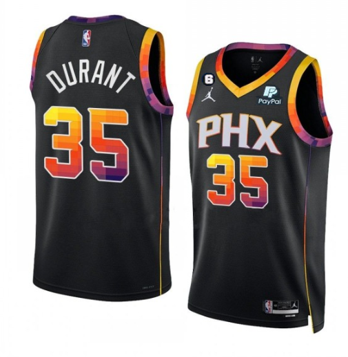 Men's Phoenix Suns #35 Kevin Durant Black 2022/23 Statement Edition With No.6 Patch Stitched Basketball Jersey Men's Phoenix Suns #35 Kevin Durant Black 2022/23 Statement Edition With No.6 Patch Stitched Basketball Jersey