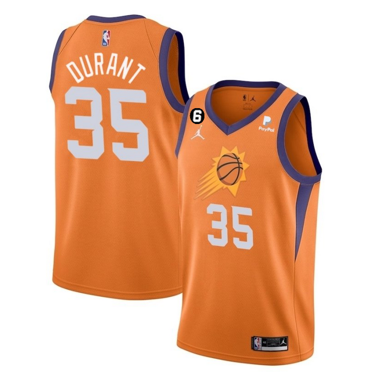 Men's Phoenix Suns #35 Kevin Durant Orange With NO.6 Patch Statement Edition Stitched Basketball Jersey Men's Phoenix Suns #35 Kevin Durant Orange With NO.6 Patch Statement Edition Stitched Basketball Jersey