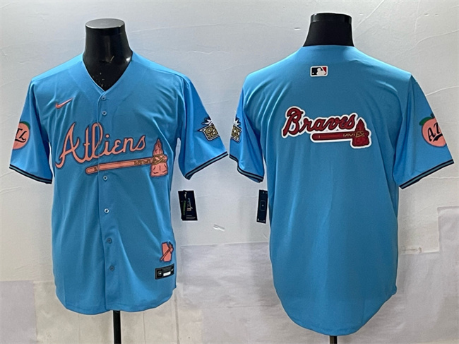 Men's Atlanta Braves Team Big Logo Blue 2024 Atliens & Peach With Outkast Patch Vapor Limited Stitched Baseball Jersey Men's Atlanta Braves Team Big Logo Blue 2024 Atliens & Peach With Outkast Patch Vapor Limited Stitched Baseball Jersey