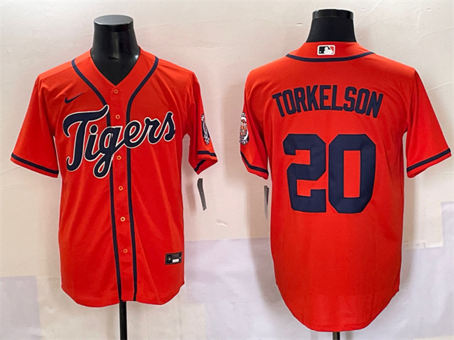 Men's Detroit Tigers #20 Spencer Torkelson Orange With Patch Cool Base Stitched Baseball Jersey Men's Detroit Tigers #20 Spencer Torkelson Orange With Patch Cool Base Stitched Baseball Jersey