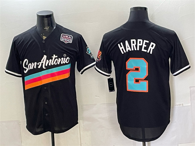 Men's San Antonio Spurs #2 Dylan Harper Black USA 250' Patch City Edition Stitched Baseball Jersey Men's San Antonio Spurs #2 Dylan Harper Black USA 250' Patch City Edition Stitched Baseball Jersey